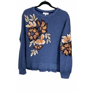 Tru Luxe Jeans XS Blue Floral Applique Embroidered Sweatshirt Boho Cotton